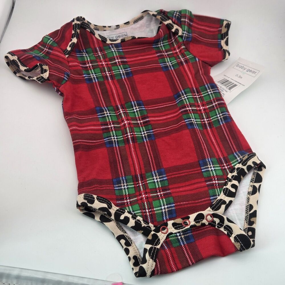 Baby Gear 0-3 Months Short Sleeve Red & Green Plaid W/leopard Print NWT